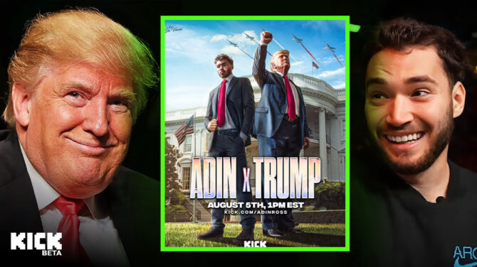 Adin Ross and Donald Trump poster for their livestream event on the Kick platform scheduled for August 5, 2024, at 1 PM EST.