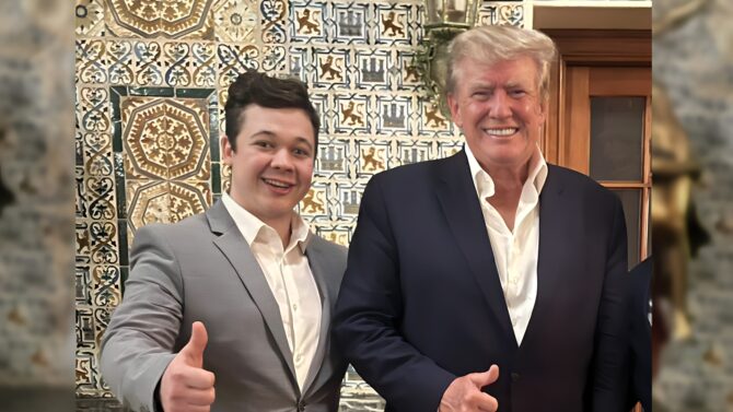 Kyle Rittenhouse and former President Donald Trump posing together, both giving thumbs up.