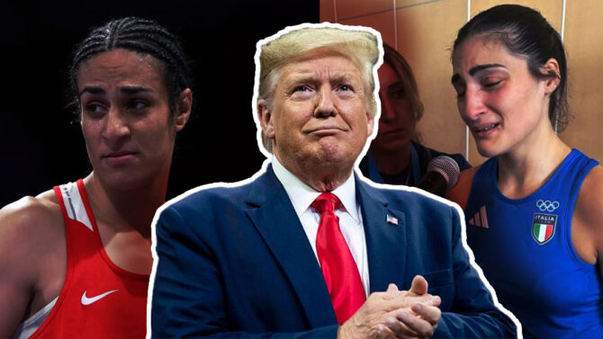 Donald Trump in the foreground with Algerian boxer Imane Khelif and Italian boxer Angela Carini in the background at the Paris 2024 Olympics.